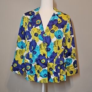 Joan Rivers Blue and Green Vibrant Floral Blazer Button Closure